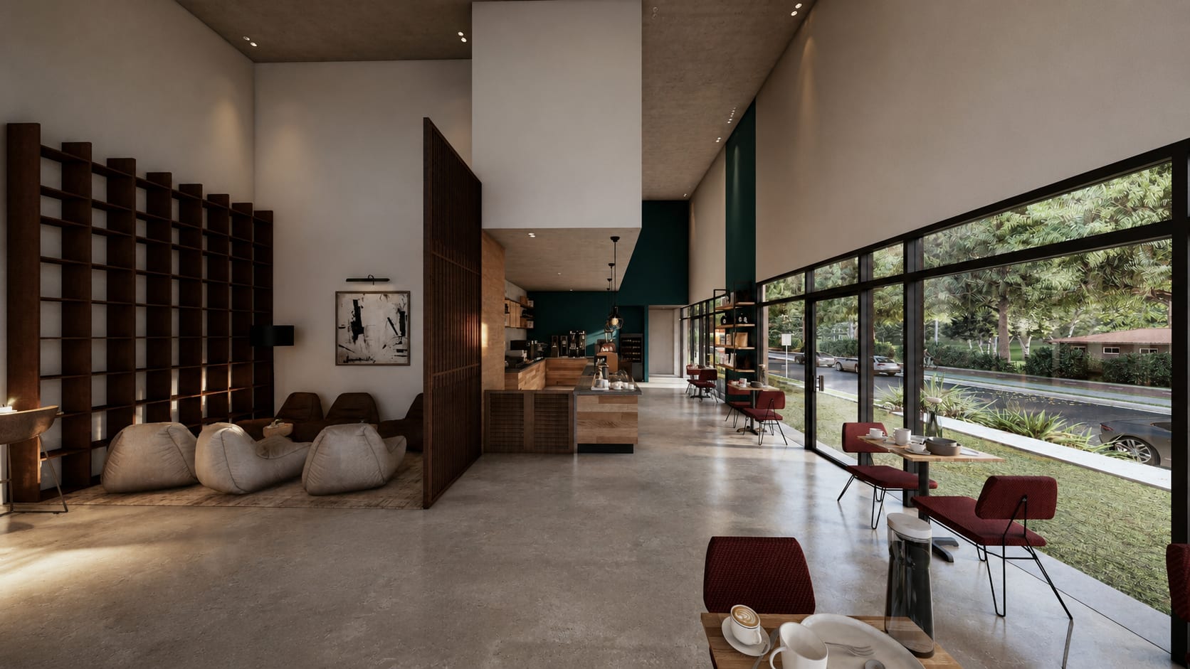 Photorealistic 3D interior render of Chocolate Fish Cafe Davis California, view 2