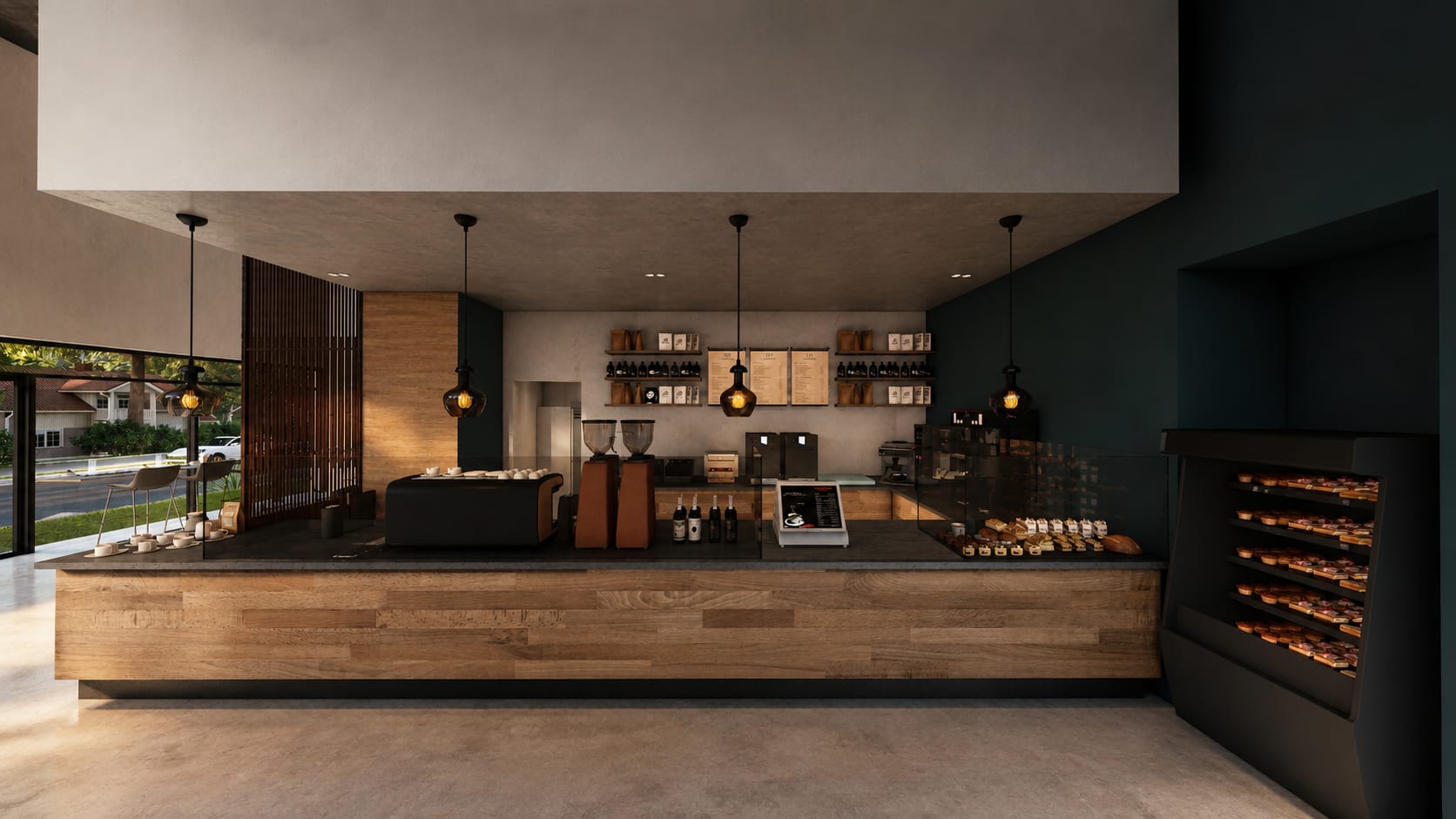 Photorealistic 3D interior render of Chocolate Fish Cafe Davis California, view 3
