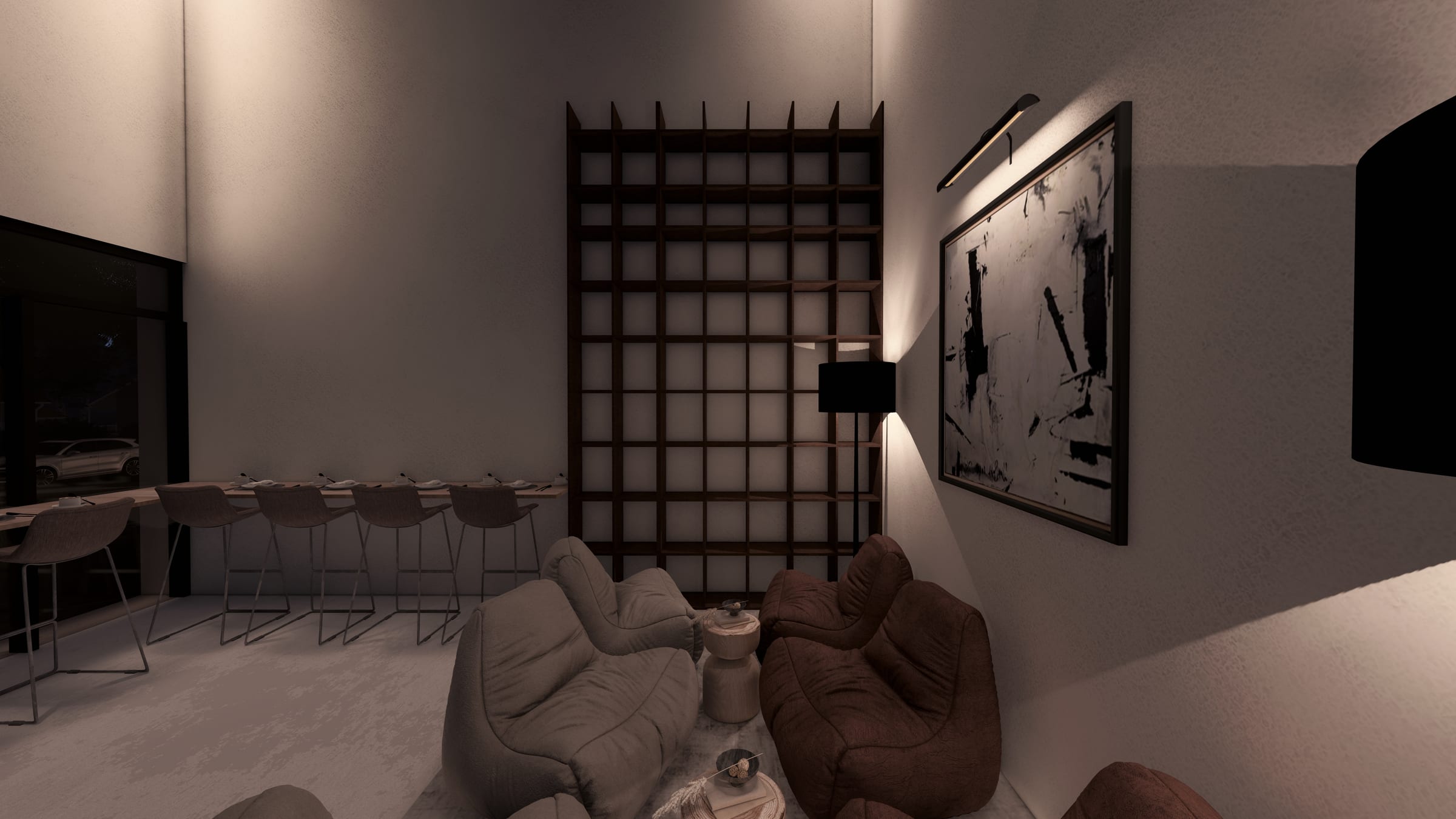 Photorealistic 3D interior render of Chocolate Fish Cafe Davis California, view 4